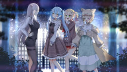 Rule 34 | 4girls, :o, ahoge, animal ears, black bow, black pantyhose, black shorts, black vest, blonde hair, blue hair, blue skirt, blurry, blurry background, blush, bow, brown cardigan, brown dress, brown jacket, cardigan, collared shirt, commentary request, depth of field, dress, flower, fox ears, fox girl, fox tail, frilled dress, frills, green eyes, grey eyes, grey hair, hair between eyes, hair bow, hair flower, hair ornament, hairclip, hand up, hands on another&#039;s shoulders, heart, heart ahoge, high-waist skirt, highres, hololive, jacket, kurot, lion ears, lion girl, lion tail, long hair, long sleeves, momosuzu nene, momosuzu nene (casual), multicolored hair, multiple girls, nepolabo, night, off shoulder, omaru polka, omaru polka (street casual), open clothes, open jacket, outdoors, pantyhose, pantyhose under shorts, plaid clothes, plaid dress, plaid skirt, pleated dress, pleated skirt, pointy ears, profile, puffy long sleeves, puffy sleeves, purple hair, red skirt, sailor collar, shirt, shishiro botan, shishiro botan (button-down), short shorts, shorts, skindentation, skirt, sleeves past wrists, streaked hair, tail, thigh strap, twintails, very long hair, vest, virtual youtuber, white flower, white jacket, white sailor collar, white shirt, yellow eyes, yukihana lamy, yukihana lamy (casual)