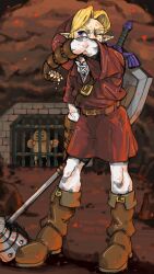 1boy absurdres belt blue_eyes blue_hair boots cage cave_interior fire full_body goron gus_uur hammer hat highres holding holding_hammer link looking_to_the_side megaton_hammer nintendo one_eye_closed pointy_ears solo_focus sweat the_legend_of_zelda the_legend_of_zelda:_ocarina_of_time tunic wiping_face