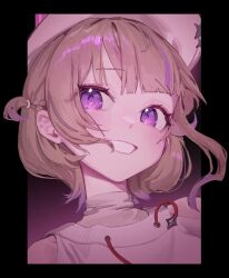 Rule 34 | 1girl, apopo, banchou, blonde hair, blunt bangs, blush, clothing cutout, commentary, delinquent, grin, hat, hololive, hololive dev is, looking at viewer, multicolored hair, portrait, purple eyes, purple hair, regloss (hololive), short hair, short twintails, shoulder cutout, smile, solo, sweater, teeth, todoroki hajime, twintails, two-tone hair, virtual youtuber, white sweater, wind