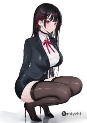 1girl absurdres artist_name black_choker black_hair black_jacket black_thighhighs blazer blush breasts chisa_(wuthering_waves) choker closed_mouth full_body hair_ribbon high_heels highres jacket large_breasts long_hair looking_at_viewer miychi mole mole_under_eye multicolored_hair office_lady pencil_skirt red_eyes red_ribbon ribbon shiny_skin shirt simple_background skirt solo squatting straight_hair thighhighs very_long_hair wet wet_clothes wet_shirt white_background white_shirt wuthering_waves zettai_ryouiki