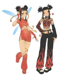1girl arm_ribbon asian asymmetrical_sleeves belt belt_buckle black_belt black_choker black_eyes black_hair black_nails black_pants black_sandals black_sleeves blue_wings blunt_bangs boots bright_pupils buckle chain chain_necklace china_dress chinese_clothes choker closed_mouth clothes_writing clothing_cutout color_guide detached_sleeves dress earrings eyeliner fairy fairy_wings fingerless_gloves flame_print full_body gloves grey_shirt grin hair_bobbles hair_ornament hand_on_headphones hands_on_own_hips headphones high_belt highres jewelry leg_ribbon looking_at_viewer magical_girl makeup mandarin_collar mismatched_sleeves musa_(winx_club) nail_polish necklace one_eye_closed pants pink_boots platform_sandals punk red_arm_warmers red_eyeliner red_gloves red_nails red_tank_top redesign reference_sheet ribbon ring sandals see-through_clothes see-through_shirt shirt short_hair_with_long_locks short_sleeves short_twintails side_slit sidelocks simple_background single_sleeve skull_earrings skull_hair_ornament smile socks spiked_choker spiked_sandals spikes standing stomach_cutout strap_slip studded_belt tank_top torn_clothes torn_sleeves turtleneck turtleneck_shirt twintails vertical-striped_sleeves white_background white_pupils white_socks wikate wings winx_club yellow_ribbon