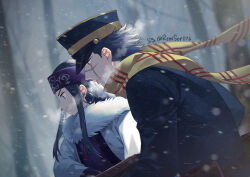 1boy 1girl ainu ainu_clothes asirpa bare_tree black_hair breathing cloak commentary_request earrings fur_cloak golden_kamuy hat headband holding holding_weapon hoop_earrings jewelry looking_ahead military_hat profile purple_headband remsor076 scar scar_on_face scarf short_hair sidelocks snowing spiked_hair sugimoto_saichi tree twitter_username upper_body weapon