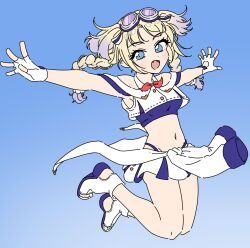 Rule 34 | 1girl, ao no tsubame (love live!), armpits, bare shoulders, blonde hair, blue background, blue eyes, boots, braid, commentary, covered underboob, crop top, crop top overhang, fingerless gloves, gloves, goggles, goggles on head, gradient hair, highres, jumping, link! like! love live!, llkapital, long hair, looking at viewer, love live!, miniskirt, multicolored hair, navel, official alternate costume, open-toe boots, osawa rurino, outstretched arms, pleated skirt, purple hair, simple background, skirt, solo, spread arms, stomach, twin braids, virtual youtuber, white boots, white gloves, white skirt