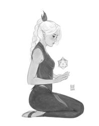 Rule 34 | 1girl, absurdres, baldur&#039;s gate, baldur&#039;s gate 3, bluenoirart, dungeons & dragons, dungeons &amp; dragons, full body, greyscale, highres, long hair, monochrome, official alternate hair color, pants, ponytail, profile, shadowheart (baldur&#039;s gate), sitting, solo, white background, white hair