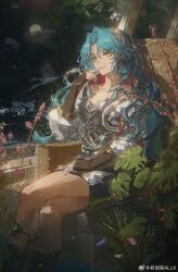 Rule 34 | 1girl, :d, blue hair, boots, crossed legs, dress, feet out of frame, full moon, green eyes, grey boots, hand up, highres, hissabeth, jacket, long hair, ming zhentan allk, moon, night, night sky, on chair, open mouth, pencil dress, red pupils, reverse:1999, short dress, silver dress, sitting, sky, smile, snake, snake on head, solo, watermark, weibo watermark, white jacket