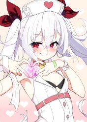 1girl absurdres azur_lane bandaid bandaid_on_finger bandaid_on_hand belt black_bra blush bow bra breasts closed_mouth dress four-finger_heart_hands hair_bow heart heart_hands highres long_hair nuporaimu pink_belt red_bow red_eyes small_breasts smile solo twintails underwear vampire_(azur_lane) vampire_(little_devil_in_white)_(azur_lane) white_dress white_hair