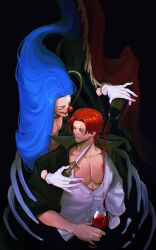 2boys beard black_cape blade_to_throat blue_hair buggy_the_clown buttons cape closed_eyes closed_mouth clown_nose collarbone connected_beard cup curtains drinking_glass facial_hair highres knife long_hair male_focus multiple_boys one_piece pectoral_cleavage pectorals pouring red_hair scar scar_across_eye scar_on_face shanks_(one_piece) vamos_mk very_long_hair wine_glass