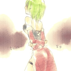 1girl alternate_color ark_kan back black_tank_top breasts cape commentary_request cowboy_shot detached_sleeves from_behind fur-trimmed_cape fur-trimmed_sleeves fur_trim green_hair lowres medium_breasts ragnarok_online red_cape red_sleeves short_hair solo stalker_(ragnarok_online) tank_top translation_request waist_cape white_background