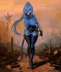 1girl absurdres axe black_gloves blu_pyro_(tf2) blue_bodysuit blue_eyes blue_hair bodysuit boots breasts commission covered_erect_nipples fire_axe full_body genderswap genderswap_(otf) gloves hair_over_one_eye highres holding holding_axe holding_weapon large_breasts latex latex_bodysuit latex_boots latex_gloves long_hair looking_at_viewer m4skedboi mask outdoors ponytail pyro_(tf2) respirator shadow solo standing sunset team_fortress_2 thigh_boots weapon
