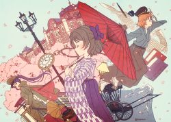 3girls ahoge aqua_background black_hat book bow brown_hat brown_pants building cape cherry_blossoms closed_eyes commentary_request geta grey_hair hair_bow hair_ornament hairclip hakama hakama_pants hakama_skirt half_updo hand_on_headwear hat hip_vent inkwell japanese_clothes lamppost long_hair long_sleeves looking_back love_live! love_live!_sunshine!! matsuura_kanan mount_fuji multiple_girls nib_pen_(object) oil-paper_umbrella orange_hair pants peaked_cap pen phonograph pocket_watch ponytail purple_bow purple_eyes purple_hair purple_hakama rickshaw sheath sheathed short_hair skirt smile standing sword takami_chika textless_version tomiwo train tree twitter_username umbrella watanabe_you watch weapon wide_sleeves