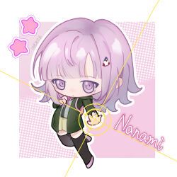 Rule 34 | 1girl, alternate hair ornament, black thighhighs, brown skirt, character name, chibi, danganronpa (series), danganronpa 2: goodbye despair, green jacket, hair ornament, highres, jacket, jiu (408326260), medium hair, miniskirt, nanami chiaki, open clothes, open jacket, pink background, pink eyes, pink hair, pleated skirt, shirt, skirt, solo, thighhighs, triangle hair ornament, two-tone shirt, white background, white shirt