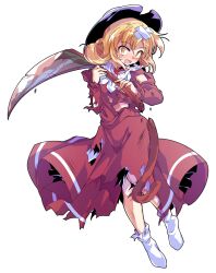 1girl bandaid bandaid_on_head black_hat blonde_hair blush commentary_request dairi dress elly_(touhou) full_body hat holding holding_scythe large_variant_set long_sleeves looking_at_viewer no_shoes open_mouth red_dress scythe short_hair socks solo sweatdrop torn_clothes torn_dress touhou touhou_(pc-98) transparent_background variant_set white_socks yellow_eyes