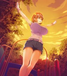 Rule 34 | 1girl, :o, arms up, belt, belt bow, breasts, brown eyes, brown hair, dutch angle, frilled sleeves, frills, from below, game cg, gloves, hair ornament, hairclip, highres, huge breasts, impossible clothes, narusawa ryouka, non-web source, occultic;nine, official art, orange sky, outdoors, pako, park, pink shirt, science adventure, shirt, short hair, short shorts, shorts, sky, sleeveless, sleeveless shirt, solo, standing, striped belt, sunset, thick thighs, thighs, tree, v-shaped eyebrows, white gloves