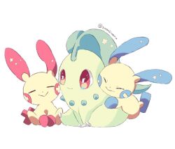 animal_focus chikorita closed_mouth commentary_request gen_2_pokemon gen_3_pokemon minun nintendo no_humans plusle pokemon pokemon_(creature) red_eyes simple_background sitting smile sorashiramu twitter_username white_background