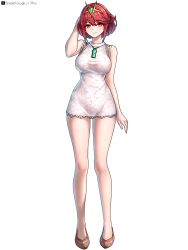 Rule 34 | 1girl, absurdres, bare shoulders, breasts, chest jewel, core crystal (xenoblade), dress, full body, highres, large breasts, looking at viewer, making-of available, pyra (xenoblade), red eyes, red hair, riro (breakthrough rr), scale print, short dress, short hair, simple background, solo, tiara, white background, xenoblade chronicles (series), xenoblade chronicles 2