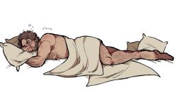 Rule 34 | 1boy, arthur morgan, bara, beard stubble, bed sheet, blanket, brown hair, chest hair, facial hair, full body, hairy, hand hair, highres, knuckle hair, large pectorals, looking at viewer, lying, male focus, mature male, muscular, muscular male, naked sheet, okrckc, on bed, on stomach, pectorals, pillow, pov across bed, red dead redemption (series), solo, stubble, thick arm hair, thick chest hair, thick eyebrows, thick leg hair, under covers, white background