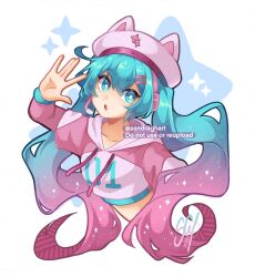 1girl 2025 :o \||/ animal_hat aqua_eyes aqua_hair bright_pupils cat_hat collarbone commentary cowlick cropped_torso dated double-parted_bangs drawstring fortnite gradient_hair hair_between_eyes hair_ornament halftone hand_up hat hatsune_miku headphones headset highres hood hood_down hoodie layered_sleeves long_hair long_sleeves looking_at_viewer midriff multicolored_hair neko_hatsune_miku open_mouth pink_hair pink_hat pink_hoodie sandragh short_over_long_sleeves short_sleeves simple_background solo sparkle sparkle_background tongue twintails two-tone_hair very_long_hair vocaloid watermark white_background white_hood white_pupils