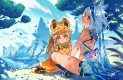 2girls backless_outfit blurry blurry_background braid child crossed_legs genshin_impact kachina_(genshin_impact) kippeijii mualani_(genshin_impact) multiple_girls red_eyes sitting tan tanline