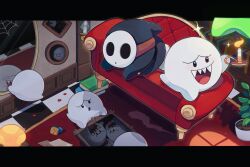 1boy black_robe boo_(mario) candle candlestand couch ghost highres holding_candlestand mario_(series) mirror mofupoyo nintendo open_mouth plant potted_plant robe sharp_teeth shy_guy teeth upper_teeth_only white_mask