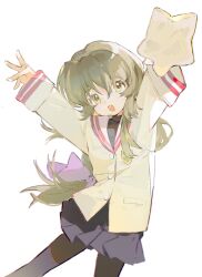 Rule 34 | 1girl, arms up, baifeidaiwang, black pantyhose, clannad, green hair, highres, hikarizaka private high school uniform, ibuki fuuko, jacket, long hair, looking at viewer, low-tied long hair, open mouth, pantyhose, school uniform, simple background, skirt, smile, solo, starfish, white background, yellow eyes