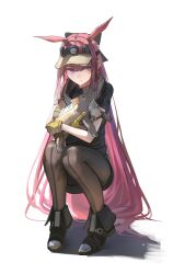 1girl absurdres animal animal_ears ankle_boots arknights belt_boots black_boots black_bow black_jacket black_pantyhose black_shorts blue_streaks boots bow collared_shirt dot_nose expressionless full_body gloves hair_bow highres holding holding_animal jacket kusami_toka_naku_au light_blush long_hair long_sidelocks looking_to_the_side multicolored_hair pantyhose pink_hair pointy_footwear purple_eyes rabbit_ears ray_(arknights) sandbeast_(arknights) shirt short_shorts short_sleeves shorts sidelocks solo squatting steel-toe_boots streaked_hair very_long_hair visor_cap white_background white_shirt yellow_gloves