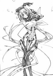 Rule 34 | 1girl, absurdres, ahoge, armored bodysuit, arms up, bodysuit, bow, breasts, cable, covered navel, folmauth, fortified suit, hair bow, hair intakes, highres, impossible bodysuit, impossible clothes, kagami sumika, large breasts, long hair, looking at viewer, low ponytail, mecha pilot suit, monochrome, muv-luv, muv-luv alternative, ponytail, red hair, science fiction, skin tight, solo, thigh gap, very long hair