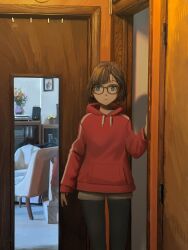 Rule 34 | 1girl, absurdres, arm support, black thighhighs, blue eyes, blunt bangs, bob cut, brown hair, brown shorts, chair, closed mouth, doorway, feet out of frame, highres, hood, hood down, hoodie, indoors, long sleeves, mirror, notfuji, original, red hoodie, reflection, shadow, short hair, shorts, solo, speaker, thighhighs