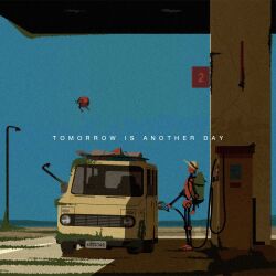 Rule 34 | blue sky, canvas texture, cracked road, drone, english text, gas pump, gas station, grass, hat, hatelephant, in shadow, lamppost, looking at object, motor vehicle, original, overgrown, recreational vehicle, refueling, robot, shadow, sign, sky, sun hat, tent, van