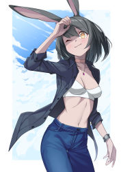 1girl ;) animal_ears arm_up artworks/80436175 black_hair black_shirt blue_sky blush border breasts brown_choker choker cleavage closed_mouth cloud collared_shirt cowboy_shot dark-skinned_female dark_skin day denim jeans jewelry long_sleeves navel necklace one_eye_closed open_clothes open_shirt orange_eyes original outside_border pants rabbit_ears rabbit_girl saiste shirt short_hair sky small_breasts smile solo sports_bra stomach thigh_gap unbuttoned white_border wristband