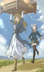 2girls animal_ears armor bad_id bad_pixiv_id blonde_hair cat_ears cat_tail catsister_(elona) dress elona gameplay_mechanics golden_knight_(elona) grass greaves harusame_(rueken) multiple_girls necktie skirt tail thighhighs tub water