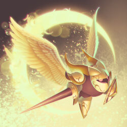 5health absurdres armor armored_shoes commentary crescent falling_feathers feathered_wings feathers full_body galacta_knight highres holding holding_polearm holding_shield holding_weapon horns kirby_(series) lance looking_at_viewer looking_to_the_side mask nintendo pauldrons pink_eyes polearm shield shoes shoulder_armor solo super_kirby_clash symbol-only_commentary weapon white_feathers white_shoes white_wings wings