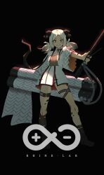 Rule 34 | 04c0, 1girl, absurdres, arknights, blonde hair, choker, demon horns, flamethrower, highres, horns, ifrit (arknights), jacket, looking at viewer, material growth, orange eyes, oripathy lesion (arknights), rhine lab logo, short twintails, smile, solo, thigh strap, twintails, weapon