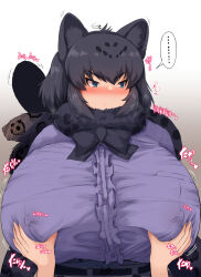 ... 1boy 1girl animal_ears black_bow black_bowtie black_hair black_jaguar_(kemono_friends) blue_eyes blush bow bowtie breasts covered_erect_nipples dot_nose gigantic_breasts ginzake_(mizuumi) grabbing_another&#039;s_breast gradient_background groping highres huge_breasts jaguar_ears jaguar_girl jaguar_tail kemono_friends looking_to_the_side pov purple_shirt shirt short_hair solo_focus sweat tail tail_raised tiger_ears tiger_girl tiger_tail white_background