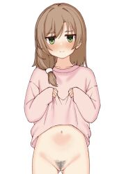 1girl blush bottomless brown_hair closed_mouth clothes_lift commentary_request cowboy_shot eyes_visible_through_hair female_pubic_hair gluteal_fold green_eyes hair_between_eyes hands_up jitome lifting_own_clothes long_hair looking_at_viewer mikuni_sairi navel nose_blush pink_shirt presenting pubic_hair pussy shirt shirt_lift simple_background sleeves_past_wrists smile solo split_mouth tenshi_souzou_re-boot! tft_(tft7822) thick_eyebrows uncensored white_background