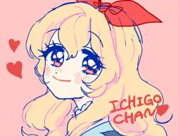 1girl aikatsu! aikatsu!_(series) blonde_hair blush bow character_name closed_mouth fujiwara_fumiaki hair_bow heart highres hoshimiya_ichigo long_hair looking_at_viewer pink_background red_eyes school_uniform simple_background smile solo starlight_academy_school_uniform upper_body