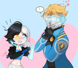 1boy 1girl black_hair blonde_hair blue_eyes blue_jacket chibi crying crying_with_eyes_open gloves guardians_of_the_galaxy hand_on_chin heart hetero heterochromia highres jacket jewelry luna_snow marvel marvel_cinematic_universe marvel_rivals mask multicolored_hair navel nyankoart peter_quill pregnancy_test pregnant shorts star-lord tears white_hair white_shorts yellow_eyes