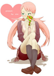 00s aqua_eyes averting_eyes candy cynthia_lane debacoq food gift highres lollipop overman_king_gainer sitting solo twintails valentine