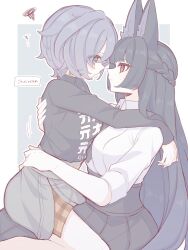 2girls absurdres animal_ears belle_(zenless_zone_zero) black_hair black_necktie black_shirt black_skirt blue_hair braid clothes_writing collared_shirt earrings fox_ears fox_girl green_eyes half_up_braid highres hoshimi_miyabi jewelry long_hair looking_at_another multiple_girls necktie red_eyes shirt short_hair skirt spoken_squiggle squiggle white_shirt yuri zenless_zone_zero zzzii0