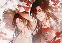 Rule 34 | 2boys, :d, absurdres, autumn leaves, bandaged neck, bandages, bishounen, black hair, braid, branch, brown eyes, brown hair, butterfly necklace, chinese clothes, closed mouth, eyepatch, hair bun, hanfu, hat, highres, hua cheng, jewelry, leaf, long hair, looking at another, male focus, mandarin collar, maple leaf, multiple boys, necklace, one eye covered, open mouth, red eyes, red hanfu, rice hat, side braid, silver necklace, single braid, single hair bun, smile, teeth, tianguan cifu, tree, upper body, white background, white hanfu, xie lian, yaoi, young57440489, yuanlingpao