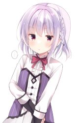 ... 1boy asuka_minato blue_hair blush bow bowtie braid center_frills commentary_request eyes_visible_through_hair frilled_shirt frills frown hair_between_eyes highres jitome long_sleeves looking_at_viewer medium_hair otome_domain parted_lips red_bow red_bowtie red_eyes school_uniform shirt side_braid sidelocks simple_background solo speech_bubble spoken_ellipsis takepoison trap upper_body v-shaped_eyebrows white_background white_shirt