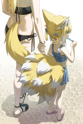 2girls absurdres alternate_costume animal_ears arknights bikini black_bikini blonde_hair chinese_commentary food fox_ears fox_girl fox_tail highres kitsune kyuubi liang_chan_xing_make_tu mother_and_daughter multiple_girls multiple_tails popsicle sandals suzuran_(arknights) swimsuit tail vulpisfoglia_(arknights)