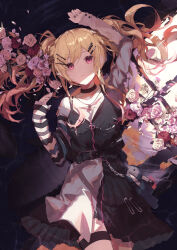1girl absurdres arm_up belt black_belt black_choker black_dress blonde_hair caustics choker cowboy_shot daisy_(flower) dot_nose dress flower from_above gradient_hair hair_ornament hairclip hairpin highres horizontal-striped_sleeves jewelry kiduki long_sidelocks looking_at_viewer multicolored_hair no_seek_no_find_(project_sekai) official_alternate_costume parted_lips partially_submerged pendant pink_dress pink_eyes pink_hair project_sekai red_flower ripples rose sidelocks sleeves_past_wrists solo star_(symbol) star_hair_ornament stuffed_animal stuffed_toy tenma_saki thigh_strap twintails two-tone_dress white_flower white_rose