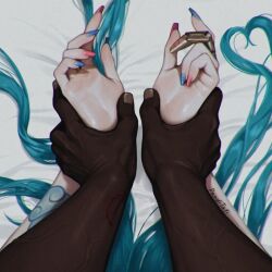 1boy 1girl arcane:_league_of_legends arcane_jinx bite_mark bite_mark_on_arm blue_hair dark-skinned_male dark_skin ekko_(league_of_legends) fingernails hand_focus highres holding_another&#039;s_wrist implied_sex jinx_(league_of_legends) league_of_legends long_fingernails long_hair multicolored_nails panditati pinned prosthetic_finger very_dark_skin very_long_hair