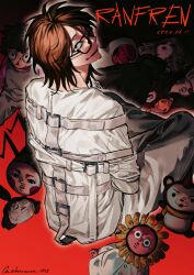 Rule 34 | 1boy, absurdres, blue eyes, brown hair, chaixuxu0705, dated, doll, glasses, highres, looking at viewer, looking back, male focus, randal&#039;s friends, randal ivory, red background, short hair, sitting, solo, straitjacket, too many dolls