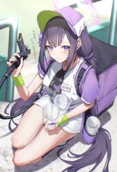 baseball_cap baseball_jersey beer_tap black_hair blue_archive breasts cup_holder cup_stack flower hair_ornament halo hat highres jersey large_breasts long_hair nozzle official_alternate_costume purple_eyes purple_flower purple_halo purple_scrunchie scrunchie shirt short_sleeves sumire_(blue_archive) sumire_(part-time)_(blue_archive) twintails uriko_(baseball) very_long_hair white_shirt yo_na