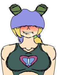 Rule 34 | 1girl, absurdres, aroused, atomic wedgie, bare shoulders, blonde hair, blue panties, blush, breasts, bun with braided base, cone hair bun, covered eyes, double bun, female pervert, green hair, green lips, hair bun, highres, jojo no kimyou na bouken, jolynecujohwedgie, kuujou jolyne, multicolored hair, object on head, panties, panties on head, panty mask, pervert, ponytail, self-upload, short hair, smile, solo, steam, stone ocean, transparent background, two-tone hair, underwear, underwear on head, wedgie