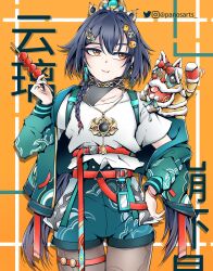 Rule 34 | 1girl, :t, alternate costume, aqua jacket, aqua shorts, belt, black hair, commentary, cowboy shot, diting (honkai: star rail), food, grey pantyhose, hand up, highres, holding, holding food, honkai: star rail, honkai (series), jacket, long sleeves, off shoulder, open clothes, open jacket, orange background, orange eyes, panosarts, pantyhose, red belt, shirt, short shorts, shorts, smile, solo, standing, white shirt, yunli (honkai: star rail)