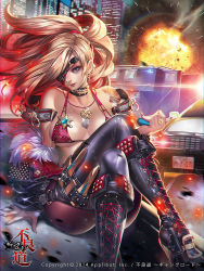 1girl ass bikini bikini_top_only black_boots blonde_hair boots breasts dated explosion eyepatch female_focus furyou_michi_~gang_road~ high_heel_boots high_heels jacket knee_boots lace-up_boots large_breasts leather leather_boots leather_jacket leather_pants long_hair original pants pantyhose ponytail red_eyes solo swimsuit thighhighs ukero