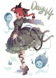 1girl absurdres animal_ears black_bow black_dress black_ribbon black_shoes bow braid cat_ears cat_girl cat_tail chinese_commentary commentary_request dress english_text frilled_dress frilled_sleeves frills full_body hair_bow high_heels highres kaenbyou_rin long_sleeves looking_back multiple_tails open_mouth rddumpling red_eyes red_hair ribbon shoes skull smile solo tail touhou twin_braids two_tails walking