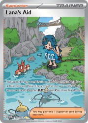 1girl :d aoki_toshinao artist_name black_sandals blue_eyes blue_hair blue_pants blue_sky bridge bright_pupils bush card_(medium) character_name closed_mouth cloud collared_shirt company_name copyright_name copyright_notice corphish day english_text fishing_rod gen_2_pokemon gen_3_pokemon grass hairband hands_on_own_knees lana_(pokemon) nintendo no_sclera official_art open_mouth outdoors pants pokemon pokemon_(creature) pokemon_card pokemon_sm pokemon_tcg ripples rock sandals shirt short_hair sky smile surskit third-party_source trading_card tree water white_pupils white_shirt wooden_bridge wooper yellow_hairband